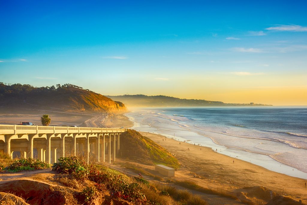 A bridge on the 101 along the beach in Del Mar, California, located just north of San Diego.