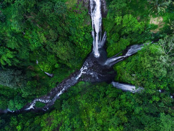 Aerial view of Sekumpul waterfalls in Bali, Indonesia